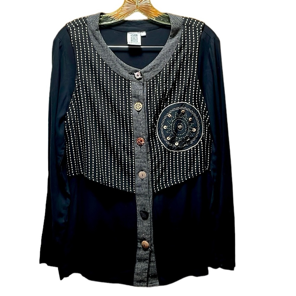 Usindo Embroidered Beaded Button Down BlackTan Blouse with Vest Oversized Size S